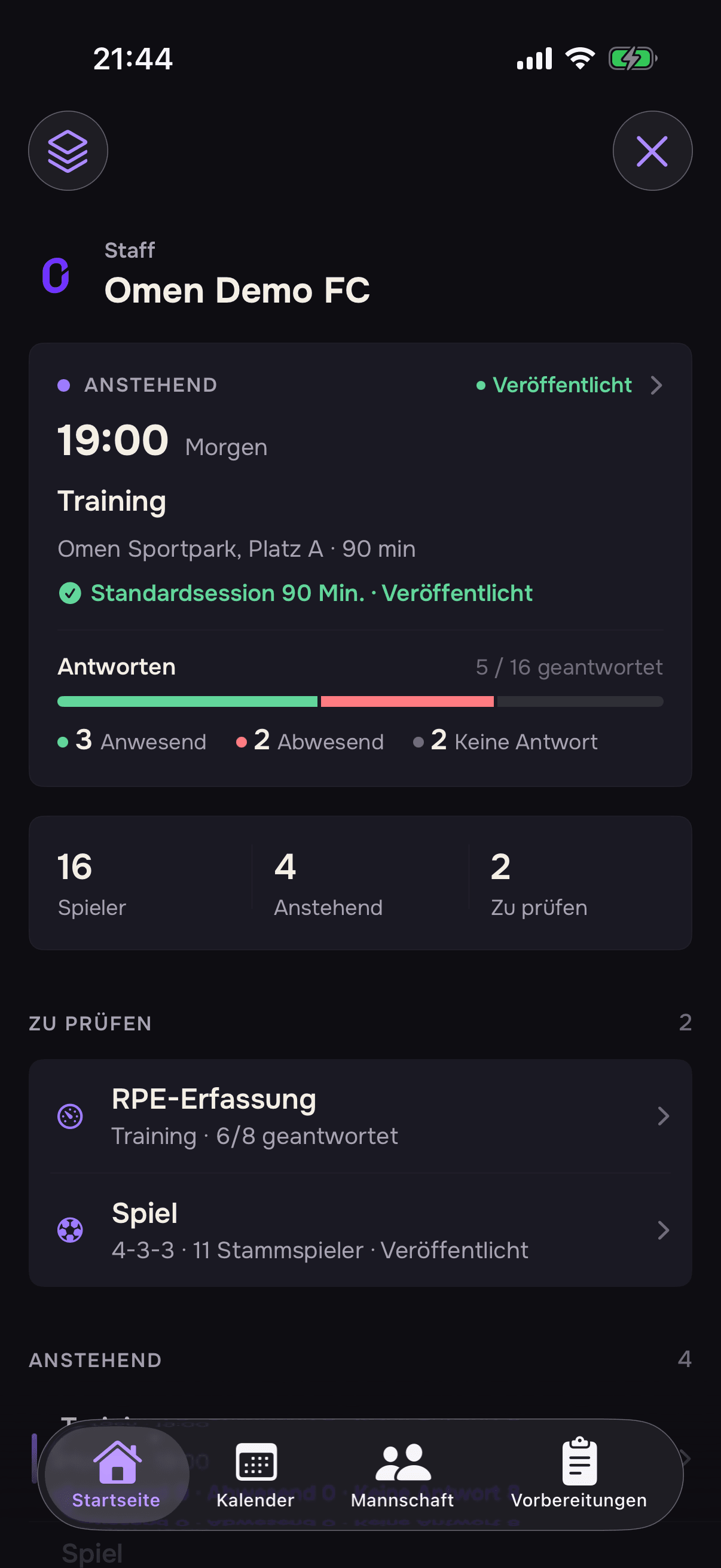 Vorschau der mobilen Omen-Clubs-Oberfläche für einen Amateurverein