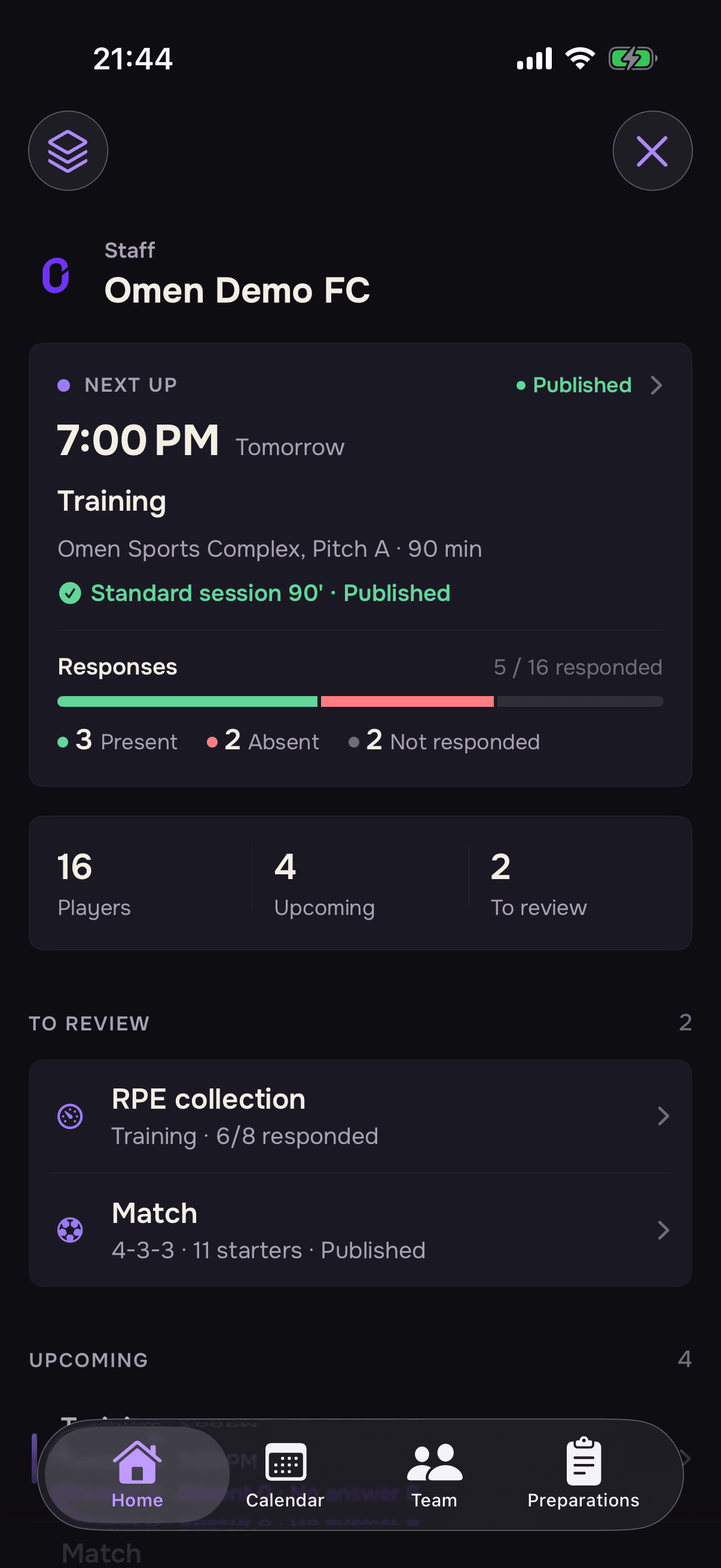 Preview of the Omen Clubs mobile interface for an amateur club