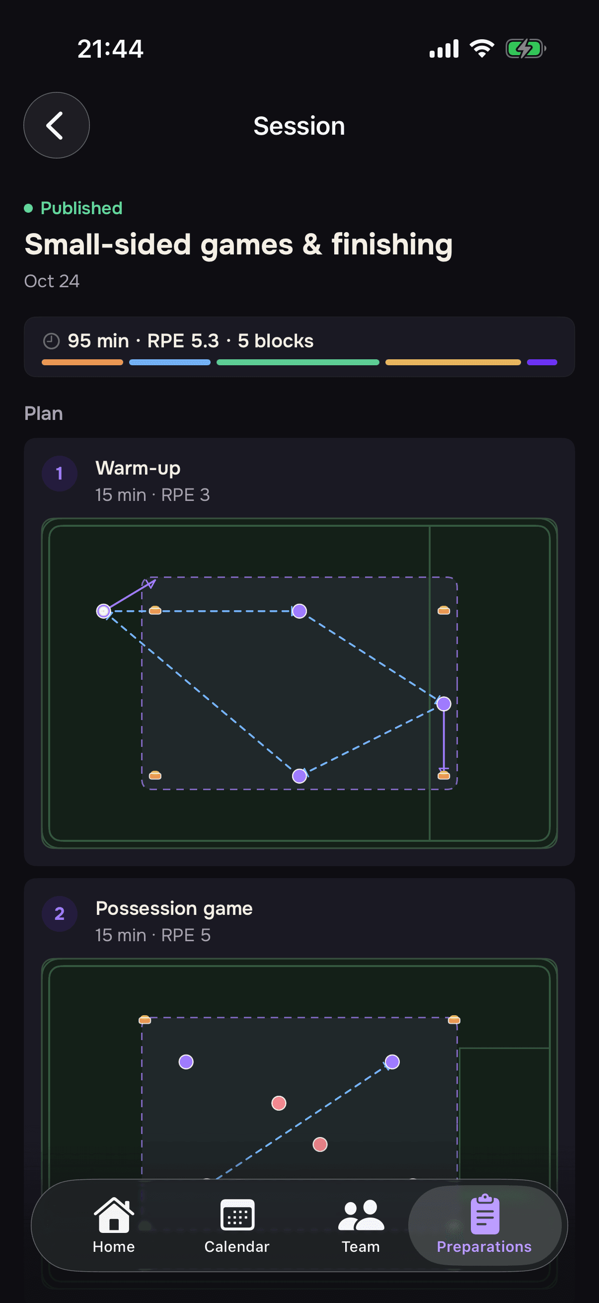Omen Clubs session preparation on iPhone: blocks, drills and full navigation, demo data