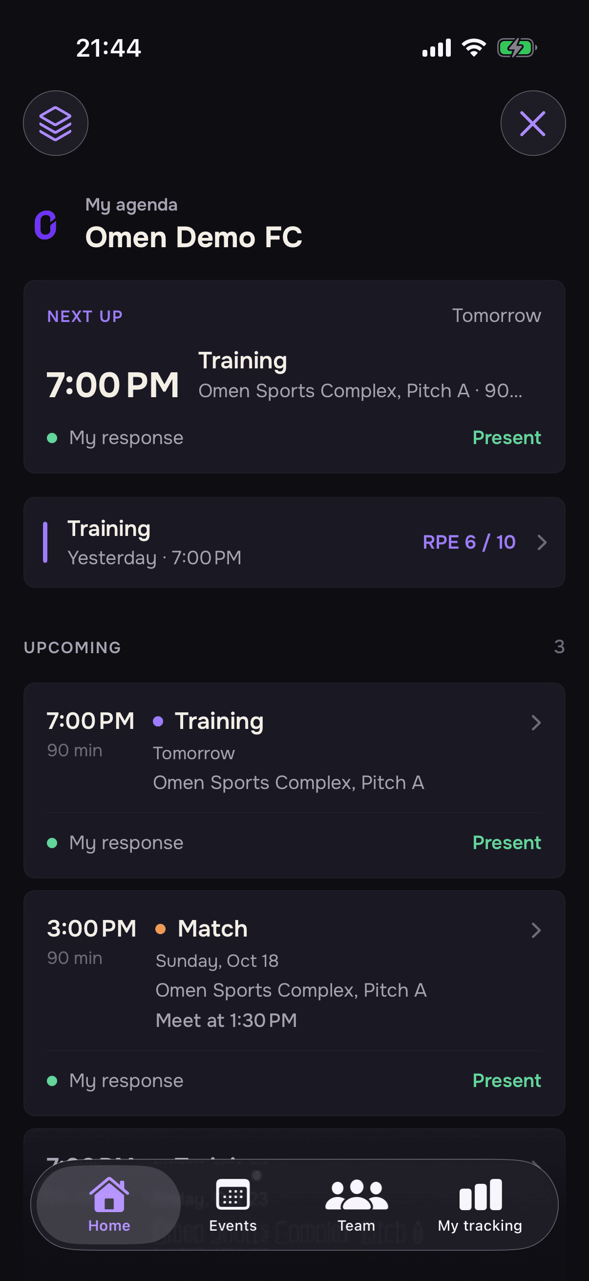 Omen Clubs screen on iPhone