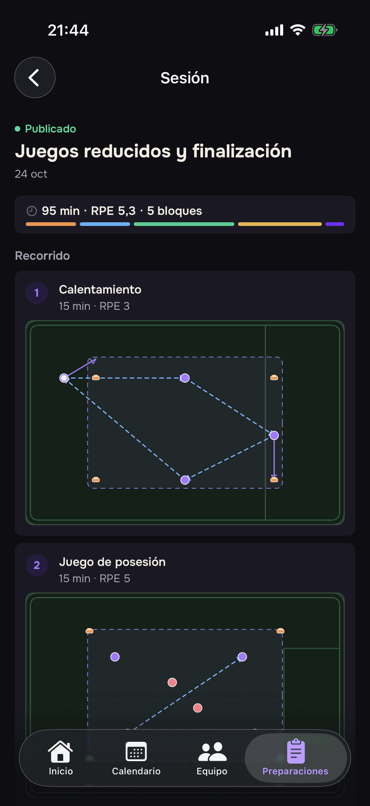 Preparación de sesión Omen Clubs en iPhone: bloques, ejercicios y navegación completa, datos de demostración
