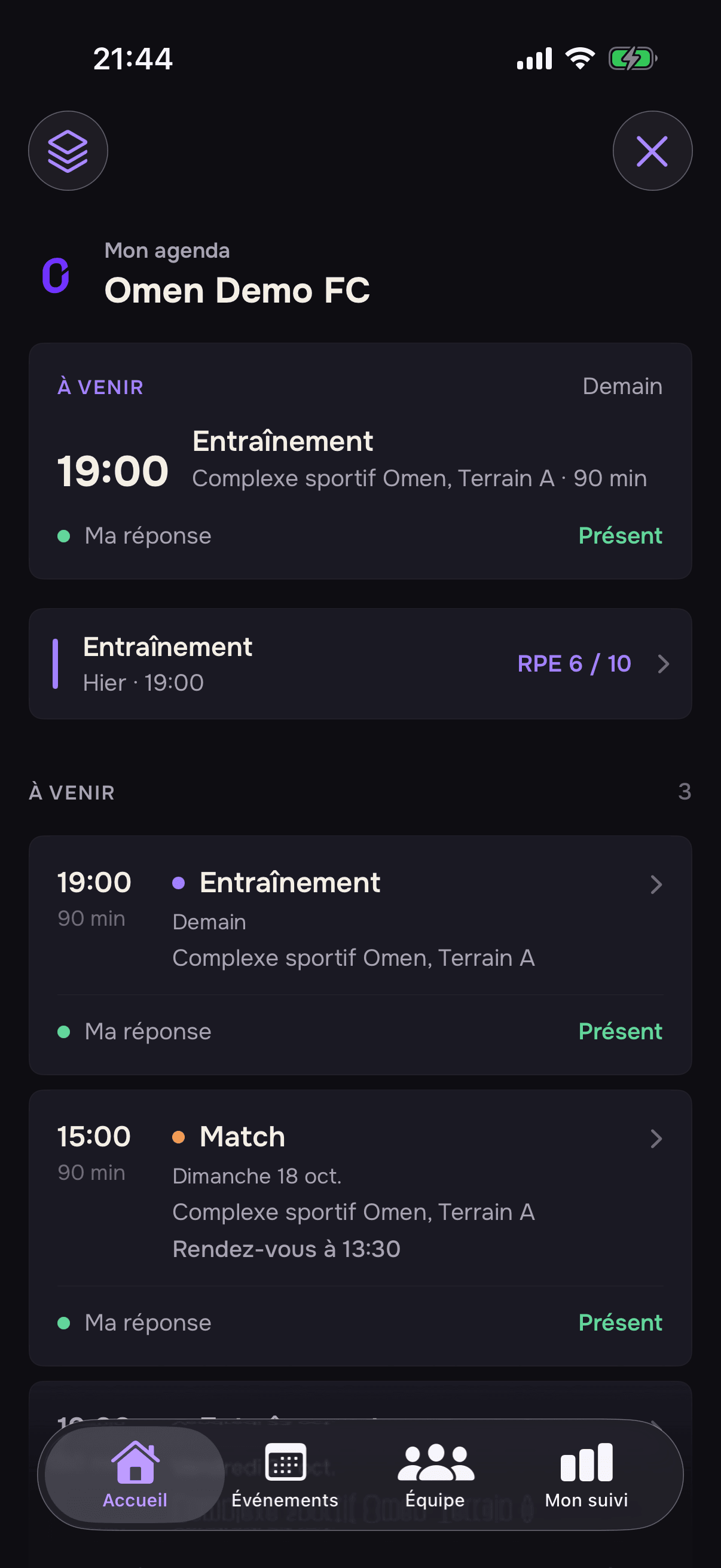 Écran Omen Clubs sur iPhone