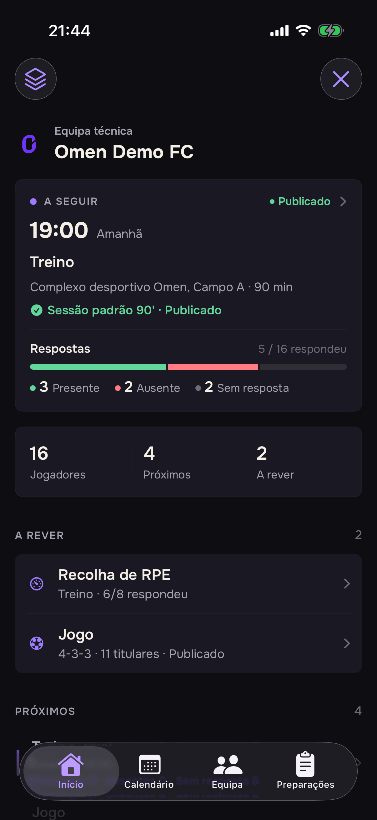 Pré-visualização da interface móvel do Omen Clubs para um clube amador