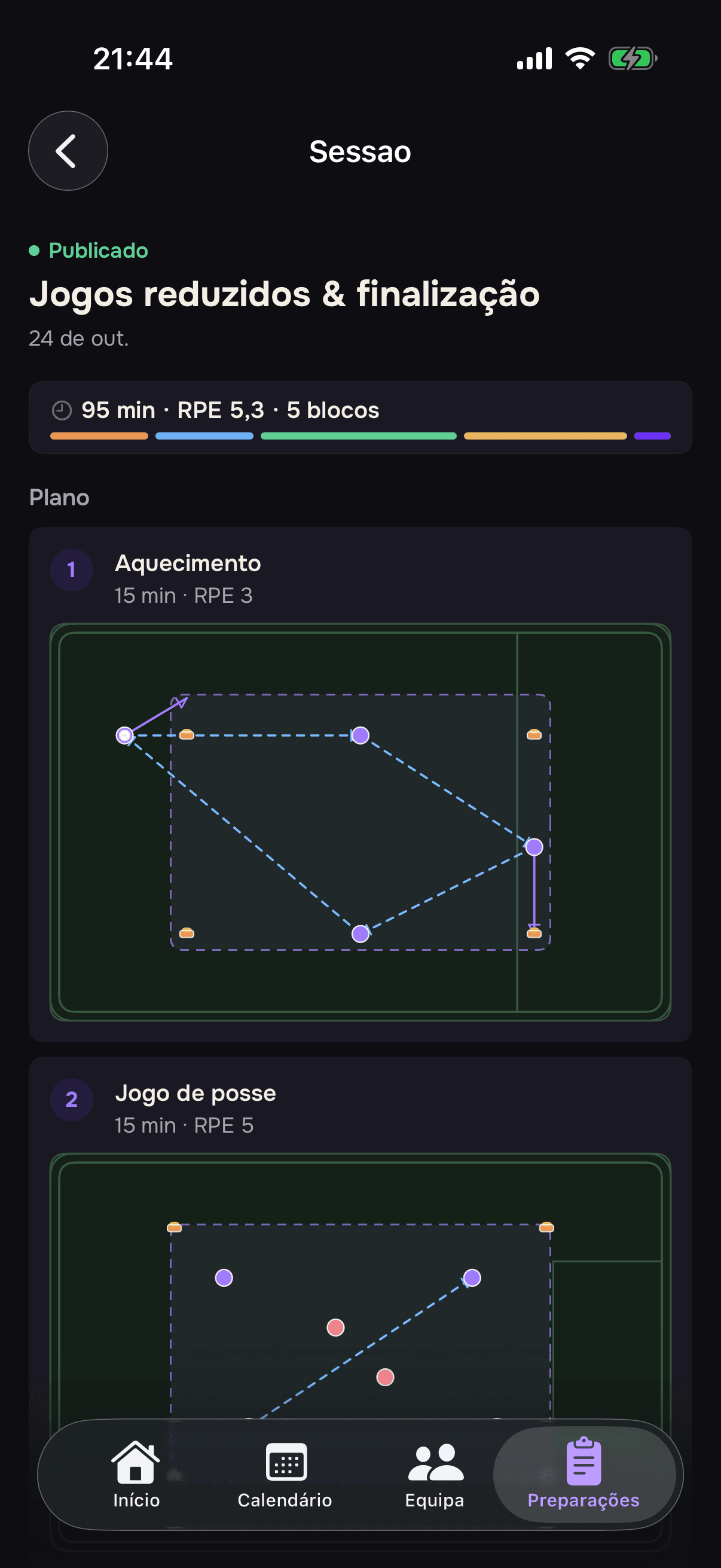 Preparação de sessão Omen Clubs no iPhone: blocos, exercícios e navegação completa, dados de demonstração