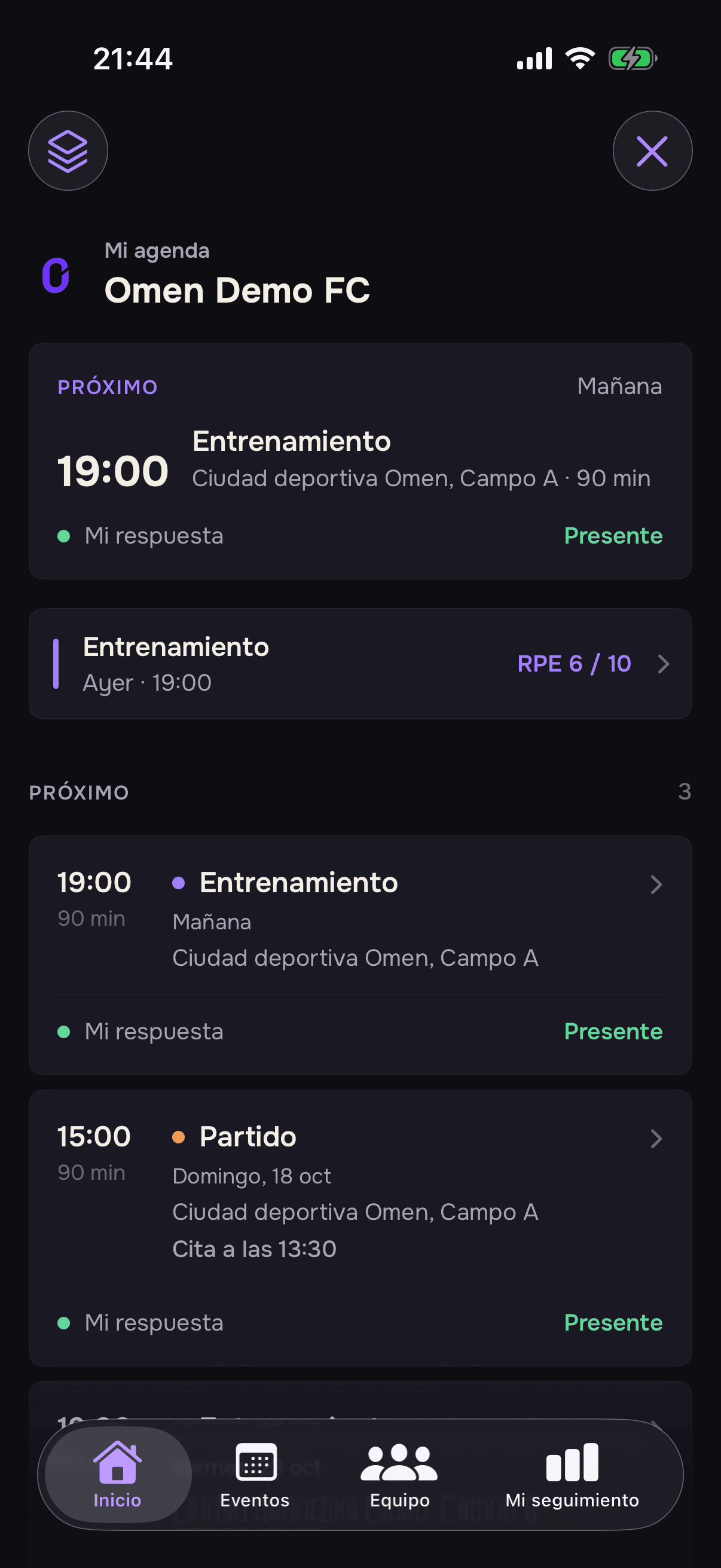 Pantalla de Omen Clubs en iPhone