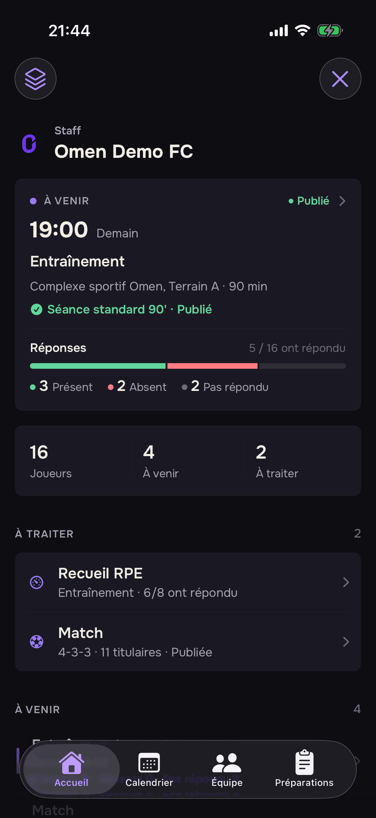 Aperçu de l’interface mobile Omen Clubs pour un club amateur