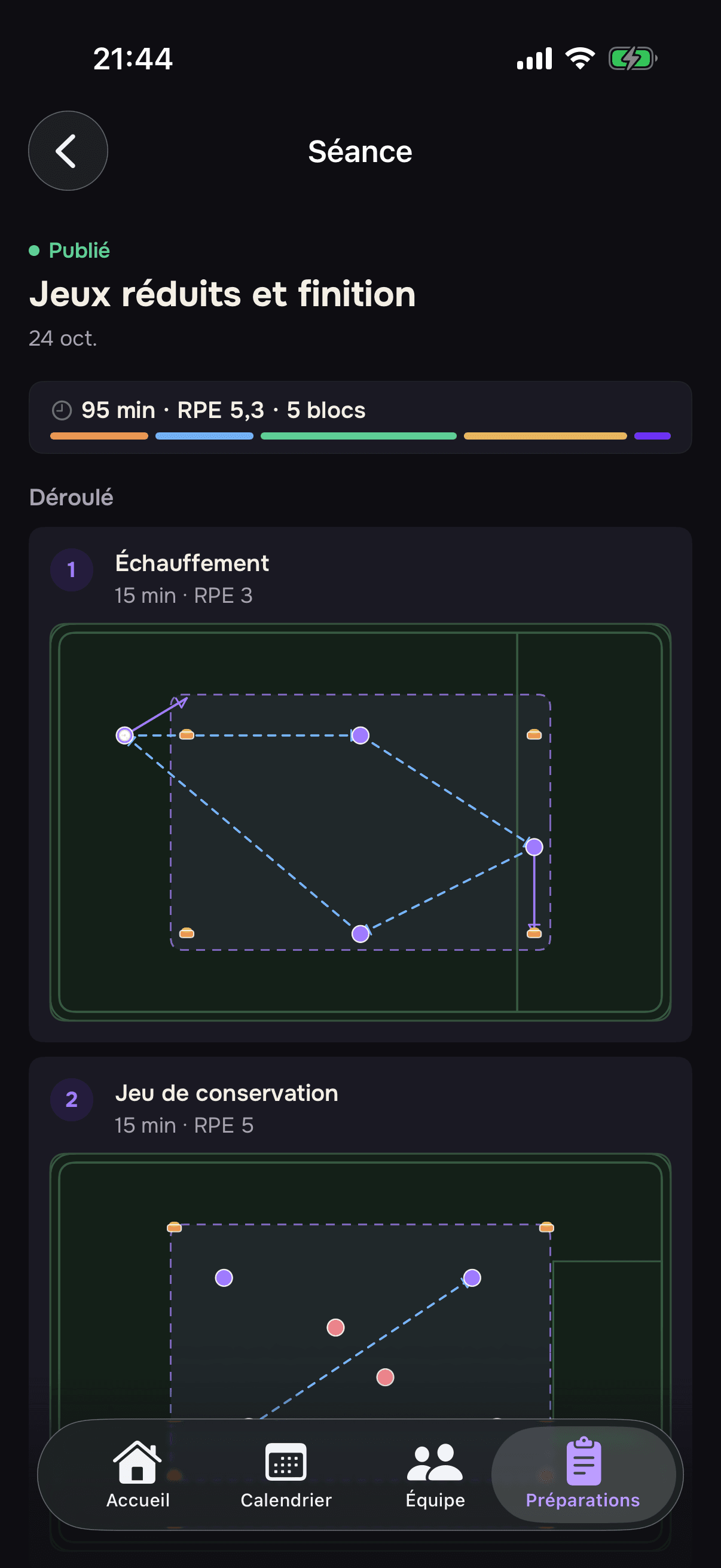 Préparation de séance Omen Clubs sur iPhone : blocs, exercices et navigation complète, données de démonstration