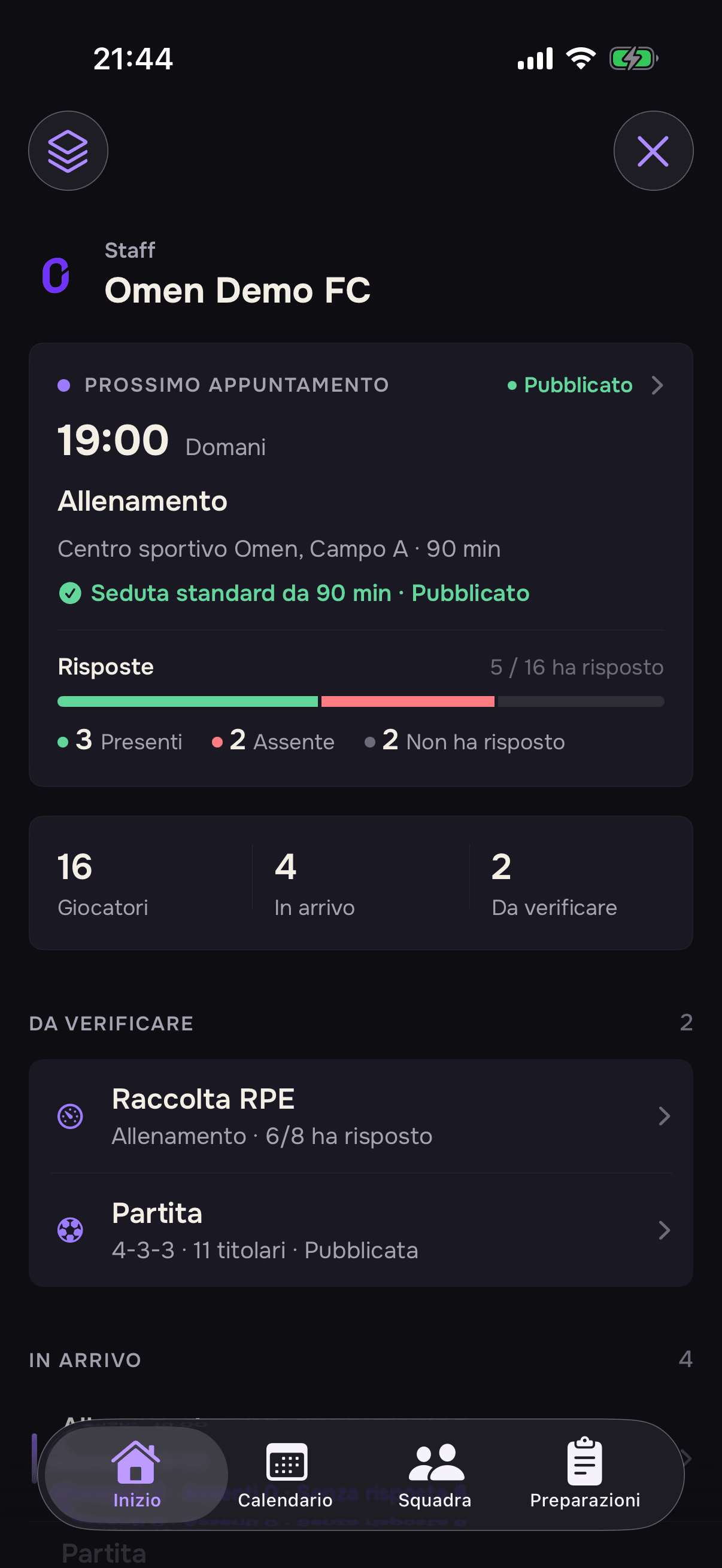 Anteprima dell’interfaccia mobile Omen Clubs per un club dilettantistico