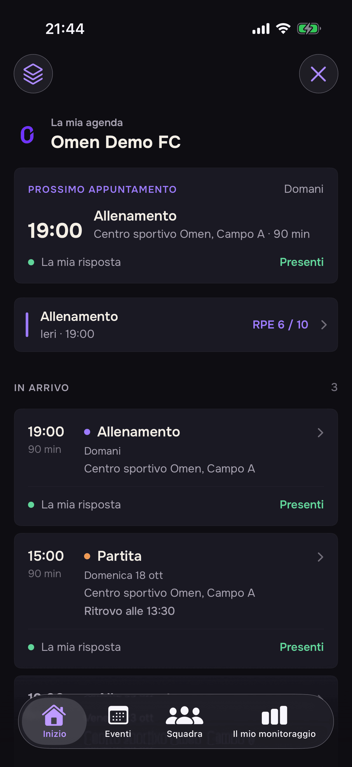 Schermata di Omen Clubs su iPhone